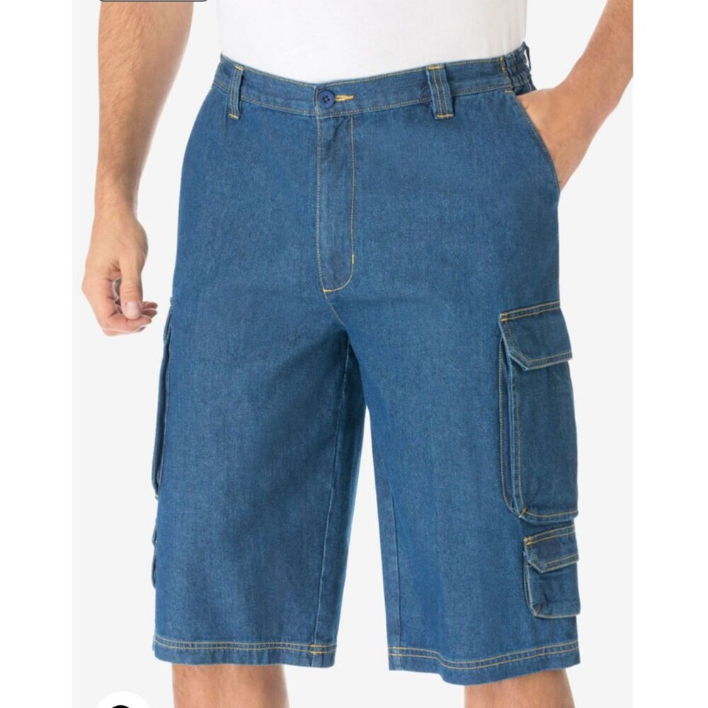 King Size NWOT 14" Side Elastic Denim Cargo Shorts Sz 46 Big & Talls Mens Blue